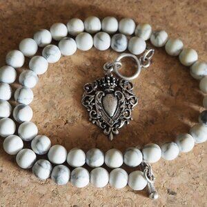 French Kande White Turquoise Necklace with Heart Medallion and Toggle Closure